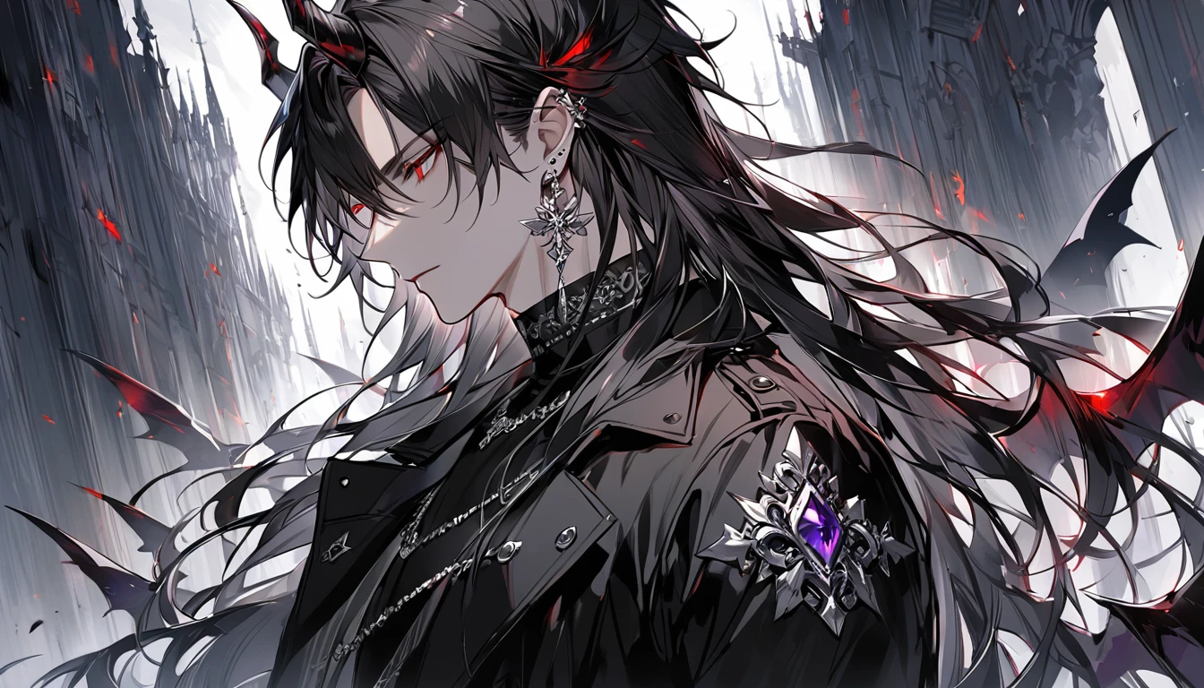 alone, good looking, 1 male, Long hair, Middle parted hair, Black hair, Red eyes, Black shirt, White Thailand, Black Trench Coat, Royal Silver Jewellery, Royal Demon Earrings, Black horns, Side profile, fallen angel
