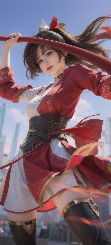 1 girl，cowboy shots，（Red flower background，red vision：1.2），（soft focus：1.5）prospect，（Bokeh fills prospect：1.2），shallow view deep，Subtle blurring，Subtle transitions，Depth and atmosphere，masterpiece，hyper-realistic， 32k，Extremely detailed CG unified 8K wallpaper，Rest 1 female，black hair，Red head rope，brown eyes，Long hairRest 1 female，（white top），BREAK 1 female（white dress：1.2），Whole body lockdown