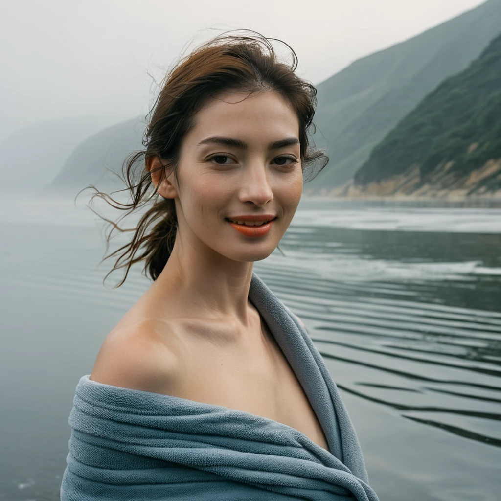 Upper body of a beautiful face Korean girls on ‘cloud sea’ still from the film, ((solo)), (Anne Hathaway look alike face: 0.9), in the style of foggy valley, confidence smile, fighting practice photography, tangerine and fossil grey, burne-jones, photorealistic urban scenes, luminosity of water, Leica SL3, Summicron-SL 75 f/2 ASPH, kodak gold 200 film, bare shoulder, bath towel, dynamic action pose,