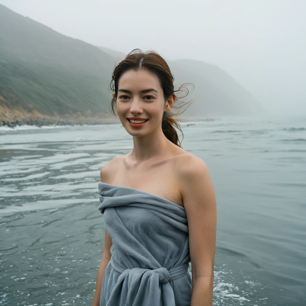 Upper body of a beautiful face Korean girls on ‘cloud sea’ still from the film, ((solo)), (Anne Hathaway look alike face: 0.9), in the style of foggy valley, confidence smile, fighting practice photography, tangerine and fossil grey, burne-jones, photorealistic urban scenes, luminosity of water, Leica SL3, Summicron-SL 75 f/2 ASPH, kodak gold 200 film, bare shoulder, bath towel, dynamic action pose,