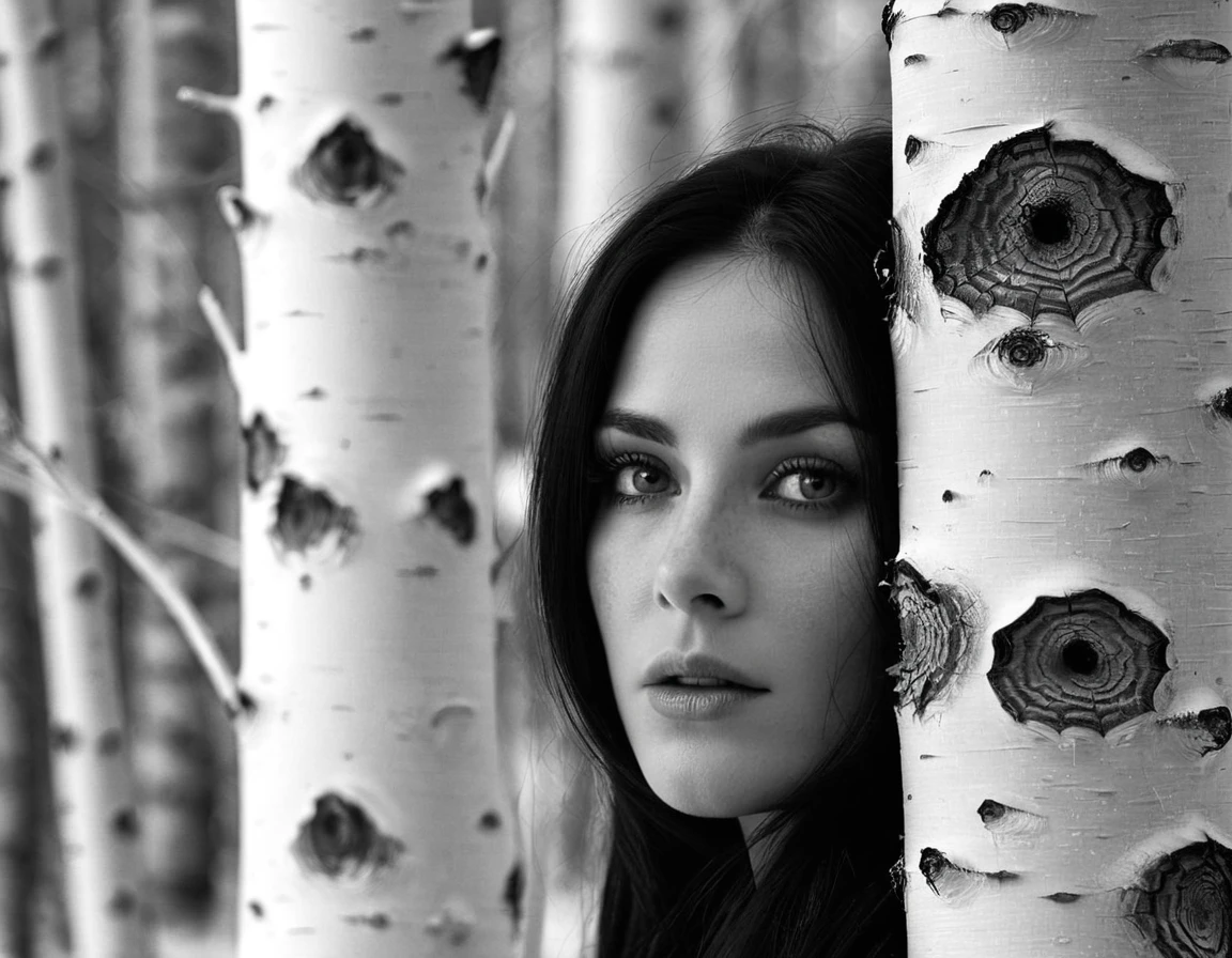 the mysterious woman is camouflaged so well in the aspen woods you can only see the white of her eyes in the deep darkness of her natural surroundings, she's barely visible, haunting image