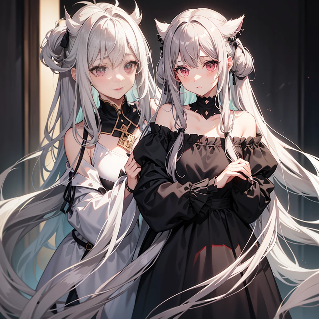 Grayish and messy, showing long hair in the ears,Two strands of hair curtain,Dull hair,Slightly curly hair,Pink eyes,Long black off-the-shoulder sleeves,Black hairpin,expressiveless,Dumb cute,chiquita,