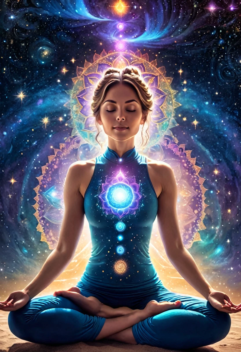 Beautiful woman doing yoga in outer space, chakras shining, mandala, divine light inspiration, cosmic energy and connection, fine particles of light, scattered with small stars
