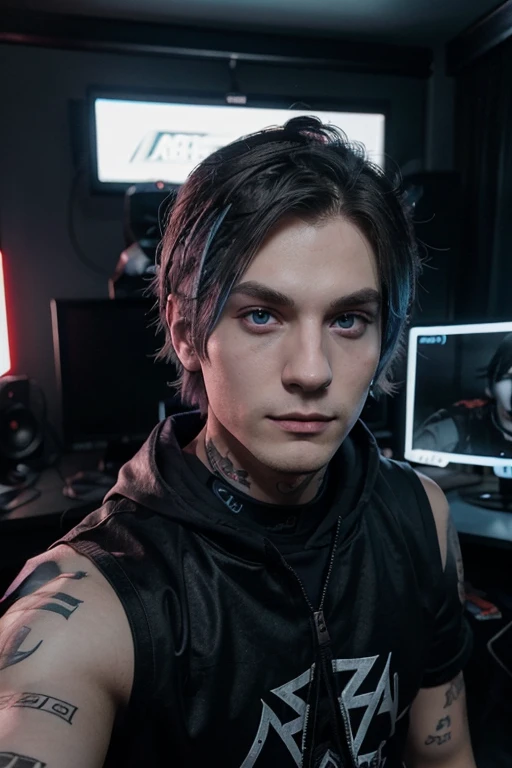 Polish emo boy 27 years old , gray blue eyes, very handsome looking at his Instagram follows cosplayer eric draven by the crow Selfie In his gamer room with red neon lights
