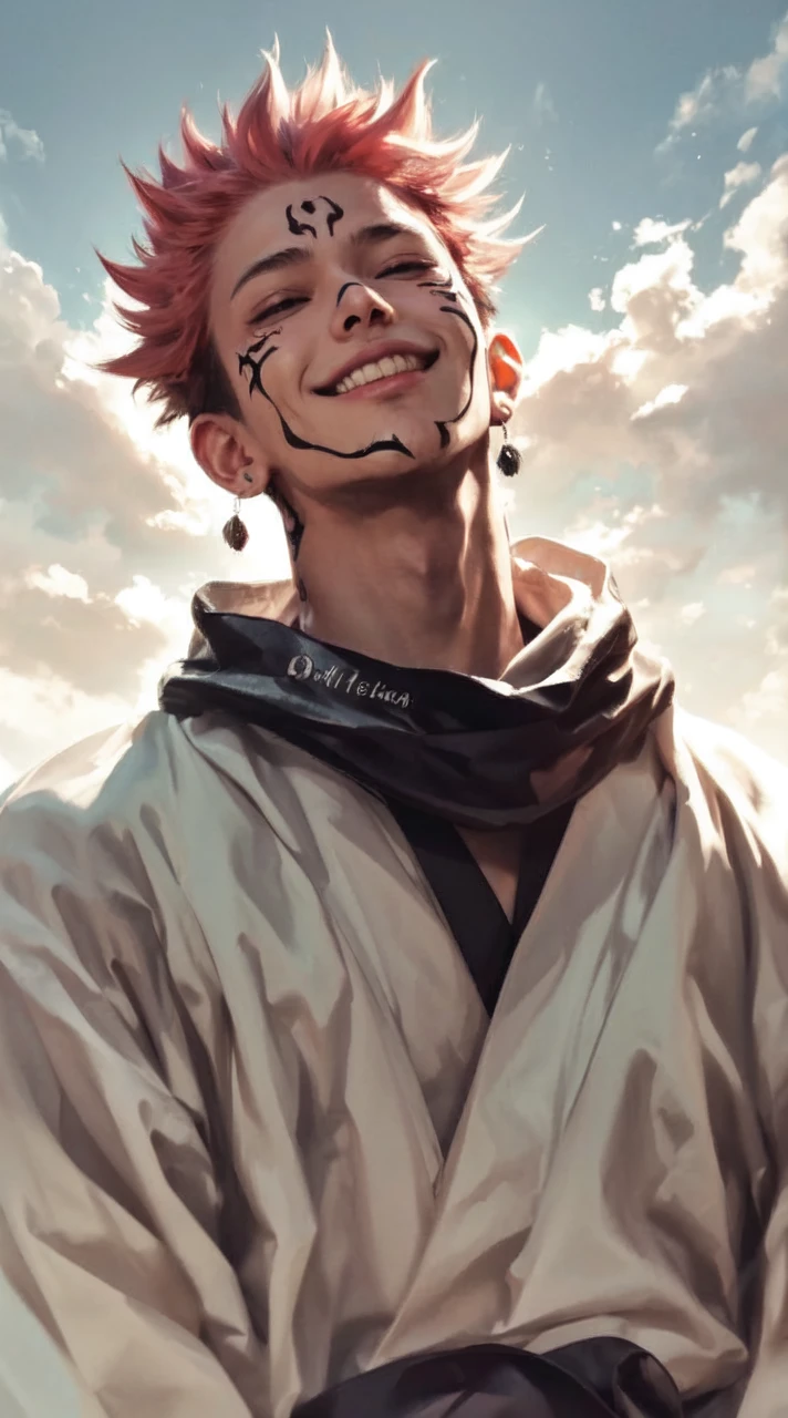 a young man in the story series "Jujutsu kaisen" named "itadori yuji" with a tattooed face, brown eyes, bright red hair, is using the demon domain technique (SUKUNA), and a white kimono shirt, filled with an evil aura colored red, black, with realistic visual effects.