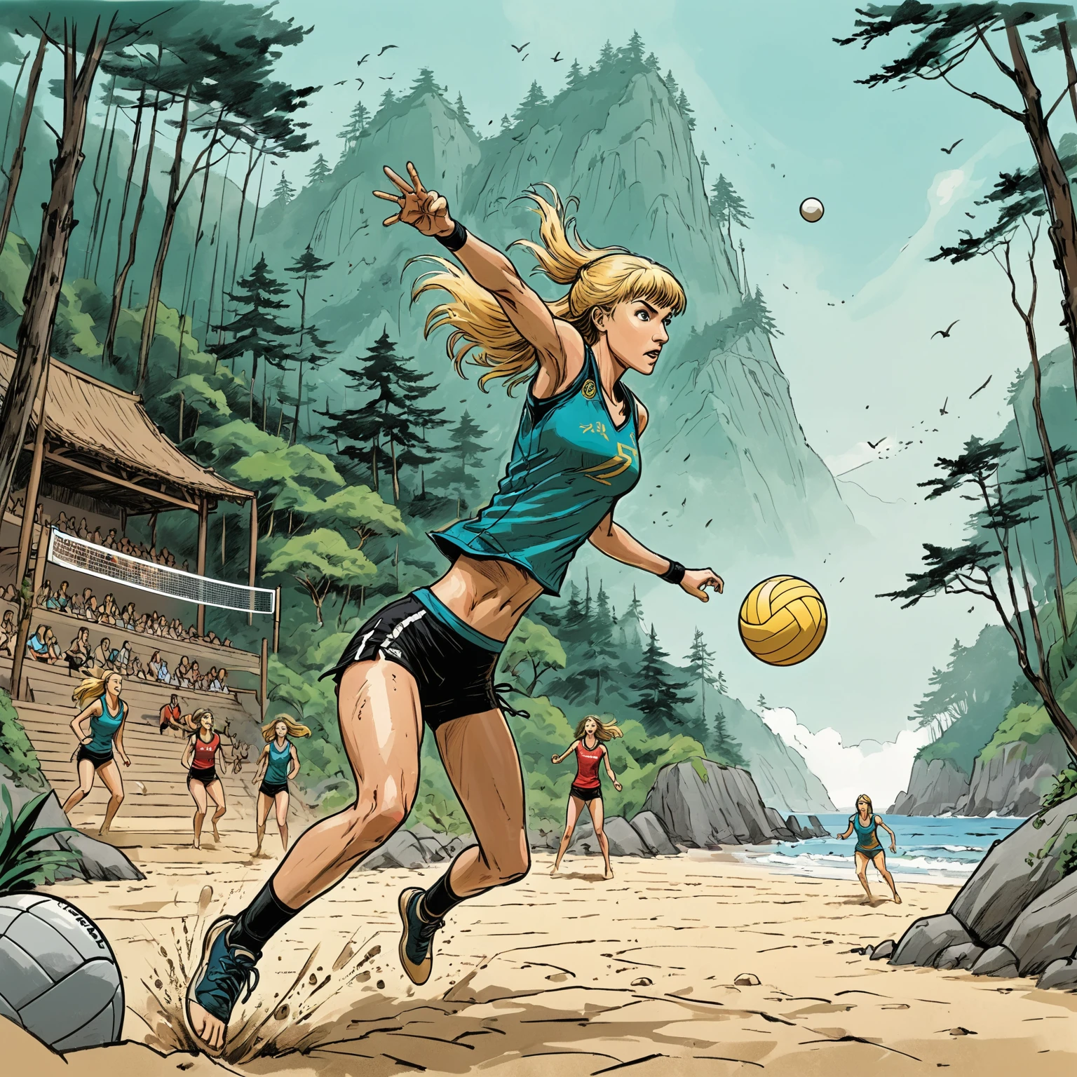Xena Warrior princess, sports action shot, cinematic, spiking volleyball, sense of movement and energy leaping moment, zen garden volleyball arena surrounded by dense forest, beach coastline background, expressive color ink style joelle jones sketch