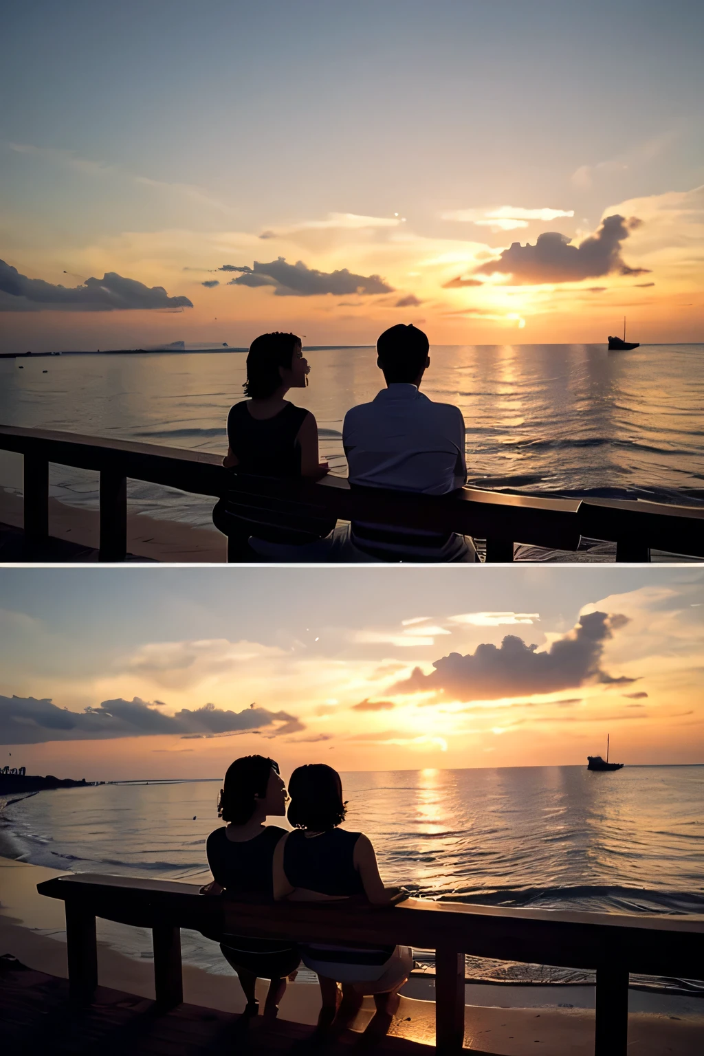 ((best quality)), ((masterpiece)), (aesthetics:1.4) A couple is watching the sunset on the beach. There is a boat on the sea. Film shot of a large panoramic view with transparent light.