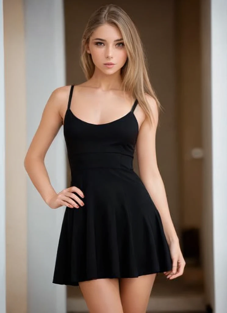 a woman in a black dress standing in front of a wall, wearing a black dress, wearing black dress, she is wearing a black dress, black dress, wearing a tight black dress, cute black dress, wearing an elegant dress, short dress, low cut dress, gorgeous young model, beautiful woman in a black dress, sexy dress, long legs, black platform high heels, full body shot