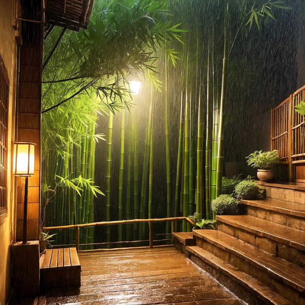 The curtains are rustling and the bamboo courtyard is deep，The guest feels  and chants with the lamp。Unexpected night of rain on the empty steps，The homesickness breaks my heart。Heavy rain on a rainy night，Foggy in the distance，Bamboo shadows，A yellowish light。