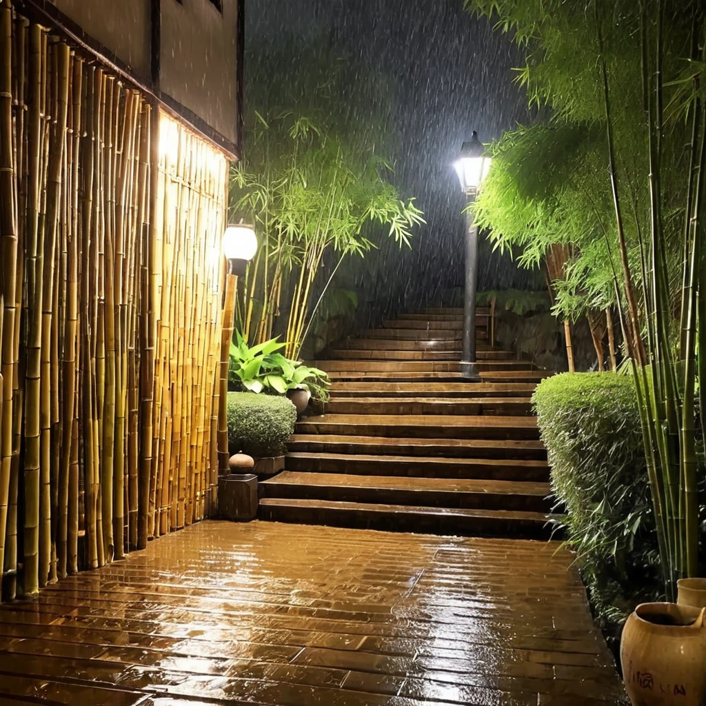 The curtains are rustling and the bamboo courtyard is deep，The guest feels  and chants with the lamp。Unexpected night of rain on the empty steps，The homesickness breaks my heart。Heavy rain on a rainy night，Foggy in the distance，Bamboo shadows，A yellowish light。