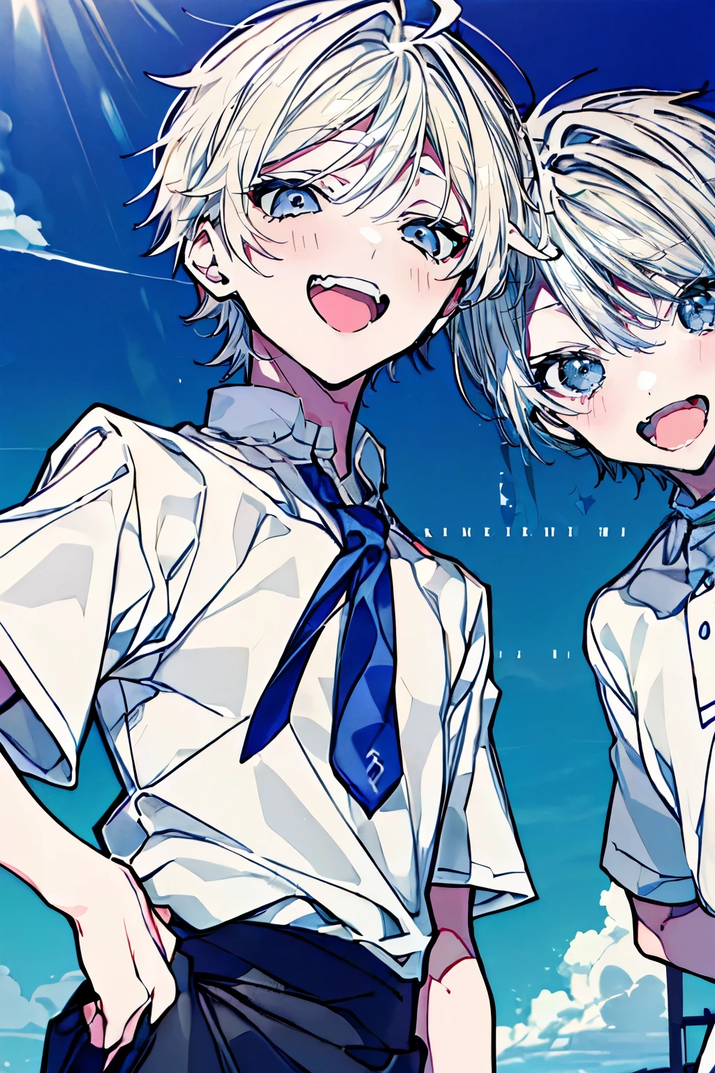 (Mastepiece), (Best Quality), Very detailed, (Two friendly boys:1.5)，High school boys、Shooting from below、Solo Shooting，Perfect Face, Beautiful Face, Very detailed顔，(黒髪のHigh school boys1人:1.3)，(白髪のHigh school boys1人:1.3)、(short hair:1.3)、(Happy Face:1.4)，(Laughing with your mouth open:1.3)，(Short-sleeved white shirt:1.4)、(Windになびく髪:1.4)，(youth:1.3)、The atmosphere that seems to disappear，(blue sky_cumulonimbus)、summer、ephemeral、Sweat、Wind、sunlight