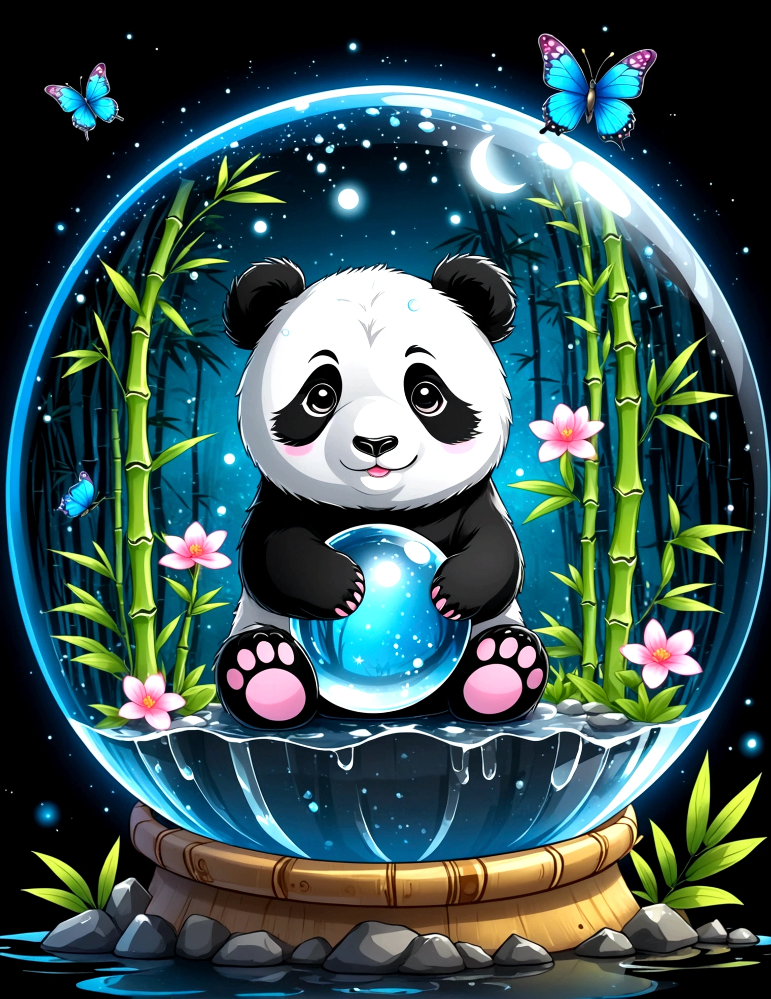 chibi panda in crystal ball, bamboo forest inside crystal ball, water splash, tshirt design, cute, anime style, kawaii, super detail, black background, midnight, moon light, glowing, butterfly, exquisite flower frame, HD, super detail, vector, digital art