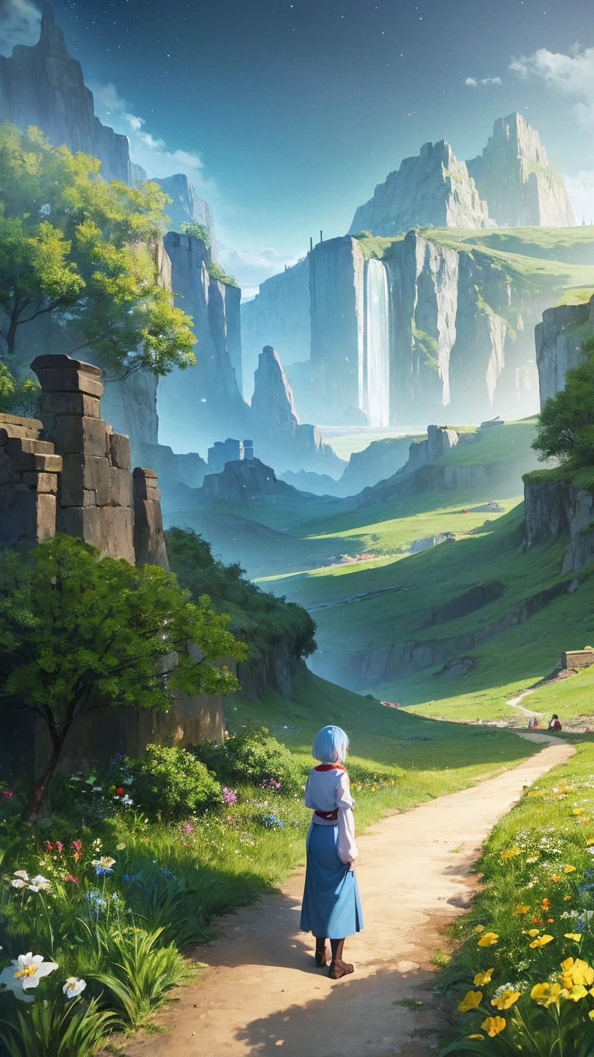 High quality, high quality, 4K, Ghibli style.
One woman, sharp contours, short light blue hair, red jumper, blue pants, leather boots.
In the background is the path they must take. The path is surrounded by difficult mountains and walls, but in the distance they can see a shining future. They are depicted breaking down walls as they go, a light of courage and hope shining down on them.
In the night sky, stars of hope shine brightly, illuminating the path. Surrounding them are flowers in bloom, symbols of hope, swaying in the wind.