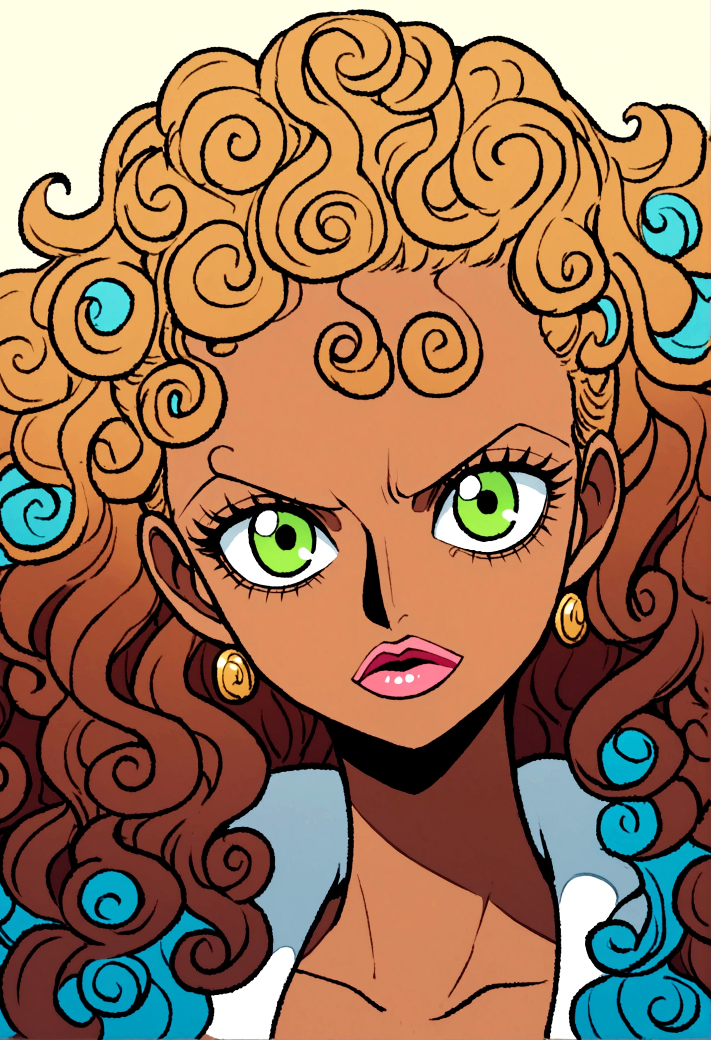 A girl, with brown curly hair and blue highlights, dark skin and green eyes. (One piece estilo.)