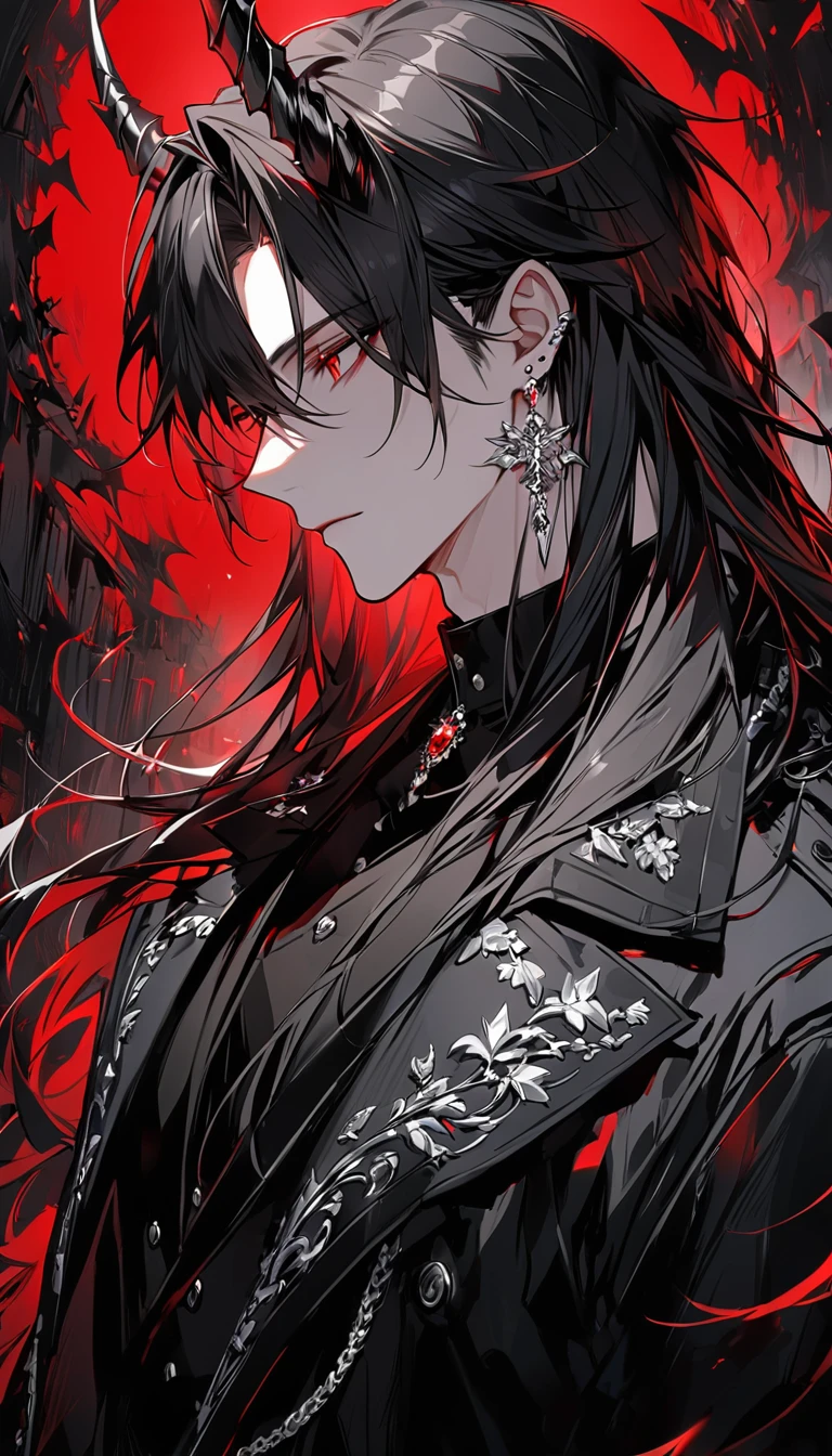 alone, good looking, 1 male, Long hair, Middle parted hair, Black hair, Red eyes, Black shirt, White Thailand, Black Trench Coat, Royal Silver Jewellery, Royal Demon Earrings, Black horns, Side profile, fallen angel