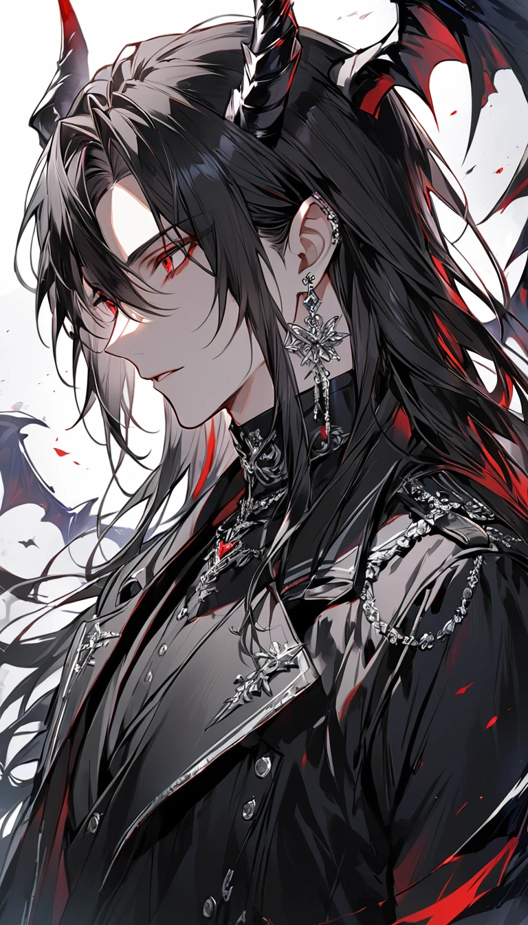 alone, good looking, 1 male, Long hair, Middle parted hair, Black hair, Red eyes, Black shirt, White Thailand, Black Trench Coat, Royal Silver Jewellery, Royal Demon Earrings, Black horns, Side profile, fallen angel