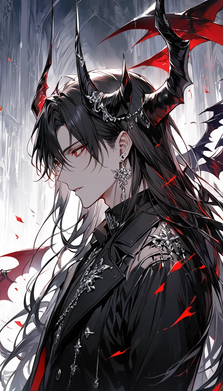 alone, good looking, 1 male, Long hair, Middle parted hair, Black hair, Red eyes, Black shirt, White Thailand, Black Trench Coat, Royal Silver Jewellery, Royal Demon Earrings, Black horns, Side profile, fallen angel