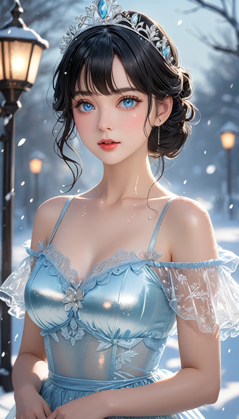 (((masterpiece))),best quality,illustration,4k wallpaper,movie lighting,absurd,1 girl,(snow,ice),tiara,in winter,(pale blue eyes),longeyelashes,pupils sparkling,(black hair),shiny hair,medium hair style,curls,transparent clothes,frills,lace,wet clothes,leave_Shoulder,hair tie,masterpiece,telephoto lens,absurd,Exquisite face,features,natural light,soft light,(Seven-part combination),epic,Dreamy and magical,mystery,