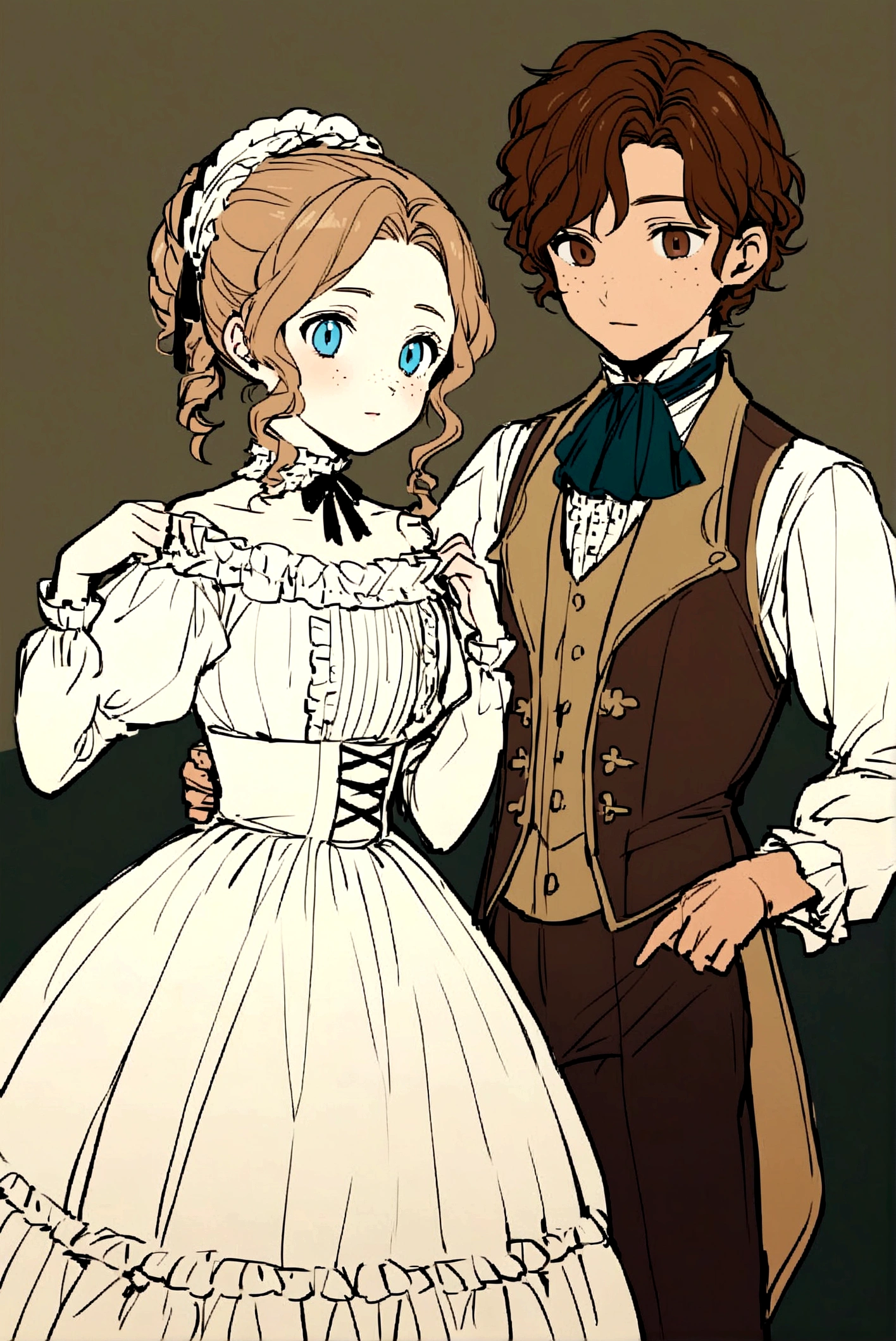 Girl with long brown hair in a Victorian era hairstyle, brown eyes with green, freckles on her cheeks and a Victorian-era party dress holding a little light blonde girl, with bright blue eyes and freckles in a white Victorian dress and another boy with short brown hair, brown eyes and no freckles with men's Victorian clothing
