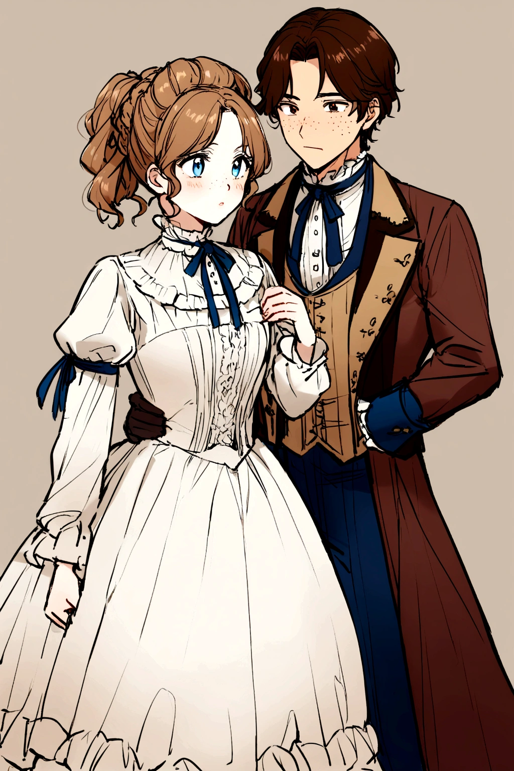 Girl with long brown hair in a Victorian era hairstyle, brown eyes with green, freckles on her cheeks and a Victorian-era party dress holding a little light blonde girl, with bright blue eyes and freckles in a white Victorian dress and another boy with short brown hair, brown eyes and no freckles with men's Victorian clothing