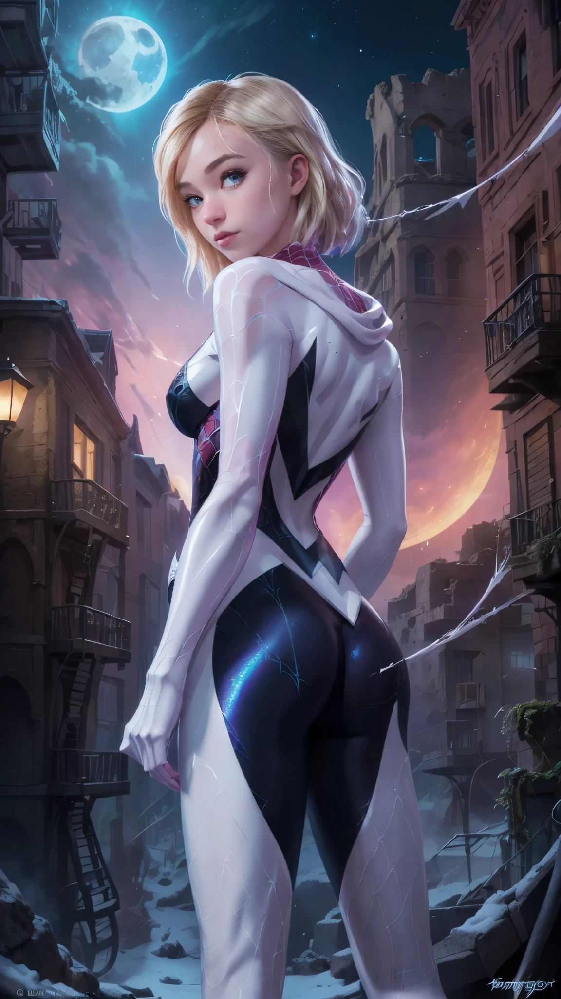 (rear view, backside view),(La Best Quality,A high resolution,ultra-detailed,actual),Spider-gwen standing in a city at night, araña-gwen, araña - gwen, (spider gwen:1.4) , (Gwen Stacy:1.4) ,,(Ruined dungeon ruins background:1.4 ), in the Artgerm Style, Artgerm Style, Artgerm Style, graphic artist artgerm, Betty Cooper, comic germ, en Artgerm Style, as seen on artgerm, Estilo de epic fantasy art HD, 4K fantasy art, epic fantasy digital art style, epic fantasy art style, fantasy woman, epic fantasy art portrait, epic fantasy style, hyperrealistic fantasy art, fantasy art in high definition, Epic fantasy character art., epic fantasy art, in dark fantasy art style, epic fantasy digital art, (perfect anatomy :1.4),( cinematic lighting :1.4), (the uniform lasts white), 8K more detailed.unreal engine:1.4,UHD,La Best Quality:1.4, photorealistic:1.4, skin texture:1.4, Masterpiece:1.8,first job, Best Quality,object object], (detailed facial features:1.3),(beautiful blue eyes),  (cowboy pose), (face detailed Gwen Stacy :1.4),( Gwen Stacy :V2.1), (Five fingers, four fingers and thumb),(she has a beautiful beautiful ass ), (shiny white tights/shackles:1.4),(bright colors),( fondo luna brillante grande :1.4) (anatomía perfecta detailed :V2.1) 