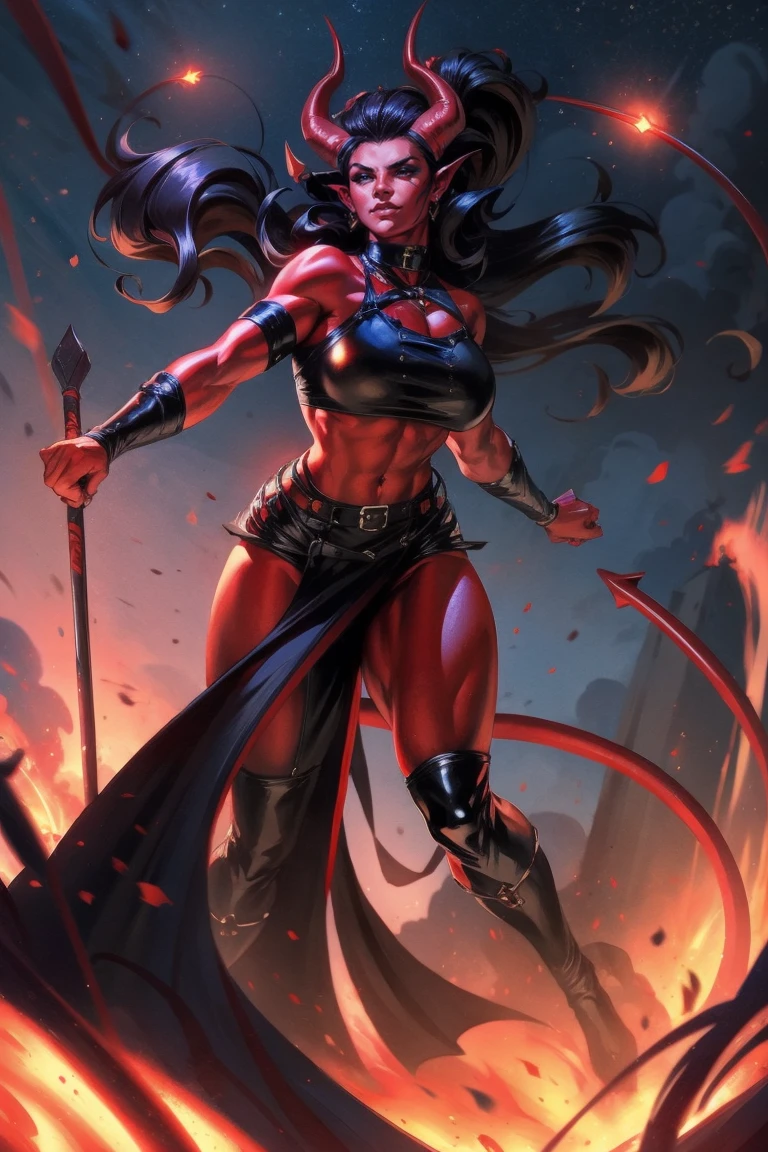Red skin succubus tiefling, medium breasts, big meaty hips, black horns, wings, huge tail, black leather, crop top, long flowing pelvic curtain, tall, toned, graceful, thin, long black ponytail. Action scene, whip. Dark scene, explosions, night sky.
