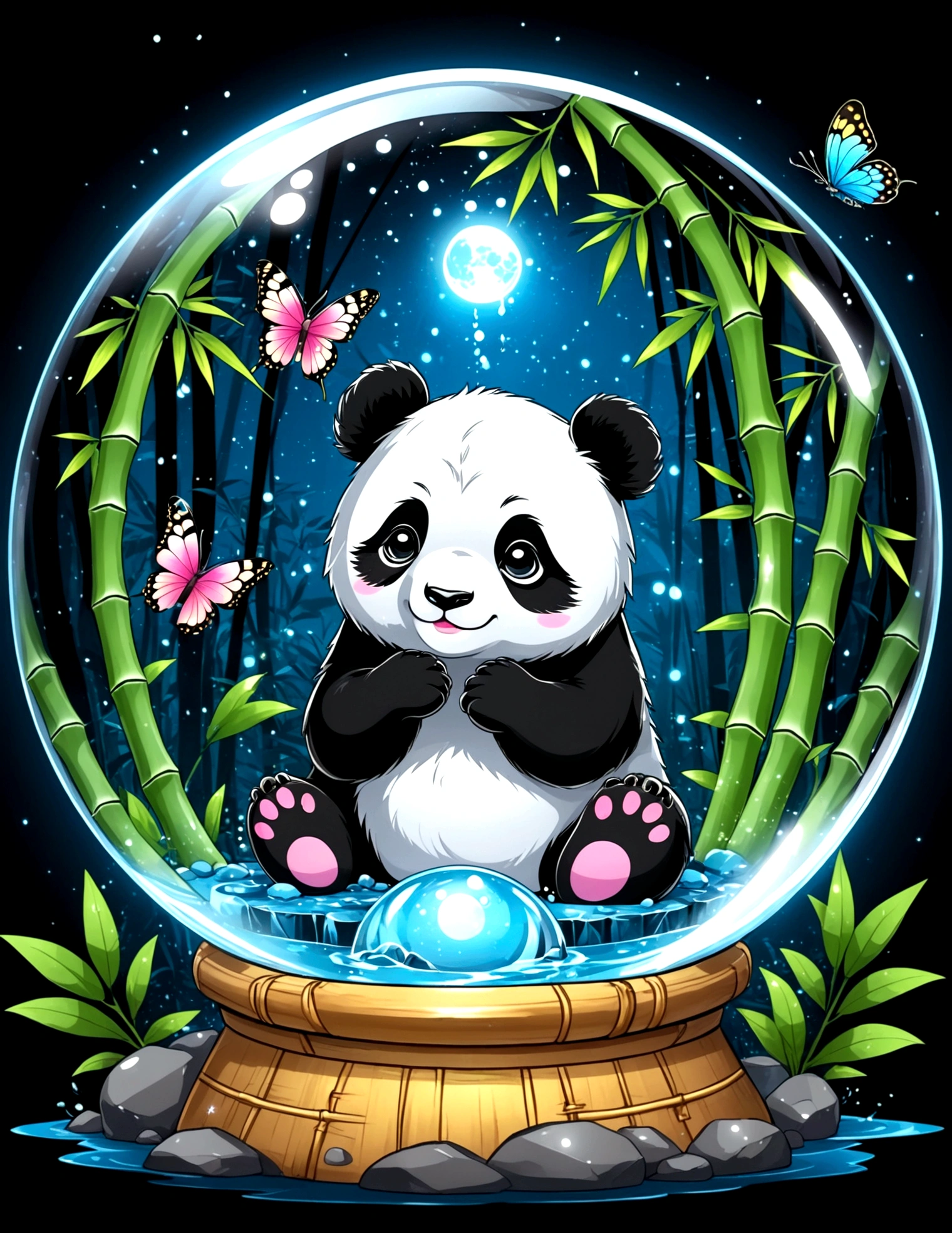 chibi panda in crystal ball, bamboo forest inside crystal ball, water splash, tshirt design, cute, anime style, kawaii, super detail, black background, midnight, moon light, glowing, butterfly, exquisite flower frame, HD, super detail, vector, digital art