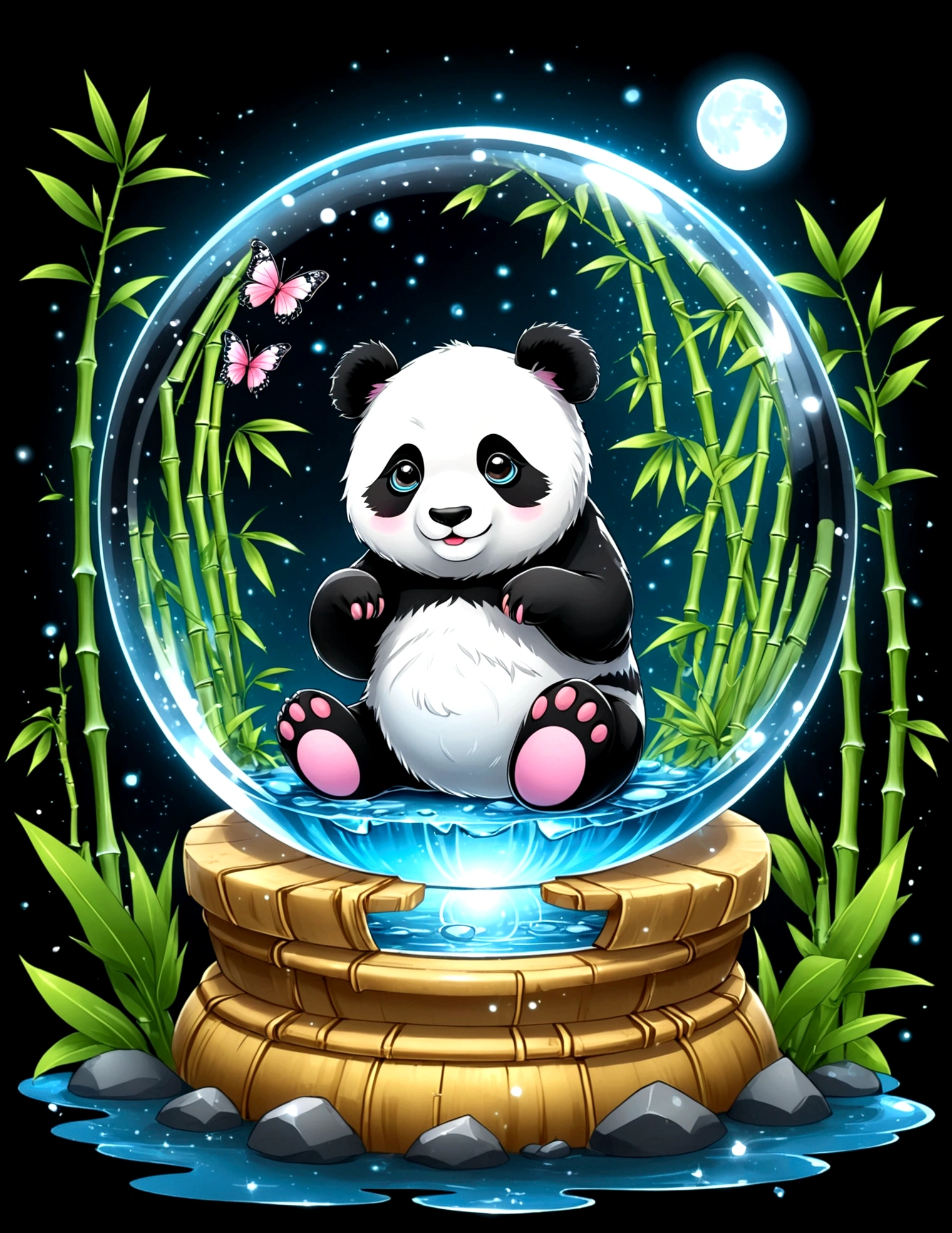 chibi panda in crystal ball, bamboo forest inside crystal ball, water splash, tshirt design, cute, anime style, kawaii, super detail, black background, midnight, moon light, glowing, butterfly, exquisite flower frame, HD, super detail, vector, digital art
