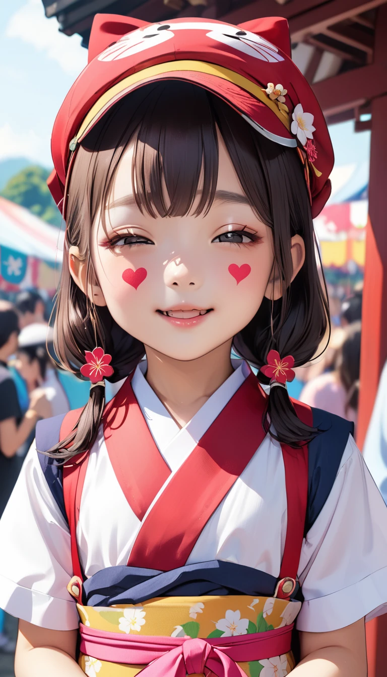 (8--old an girl),Outdoor Festival,Close-up heart eyes uplifted face'Eyes wearing silver-white mirrored lens sunglasses、I looked at the world reflected in the lenses of my sunglasses..(Side Pony,Colorful Hair),