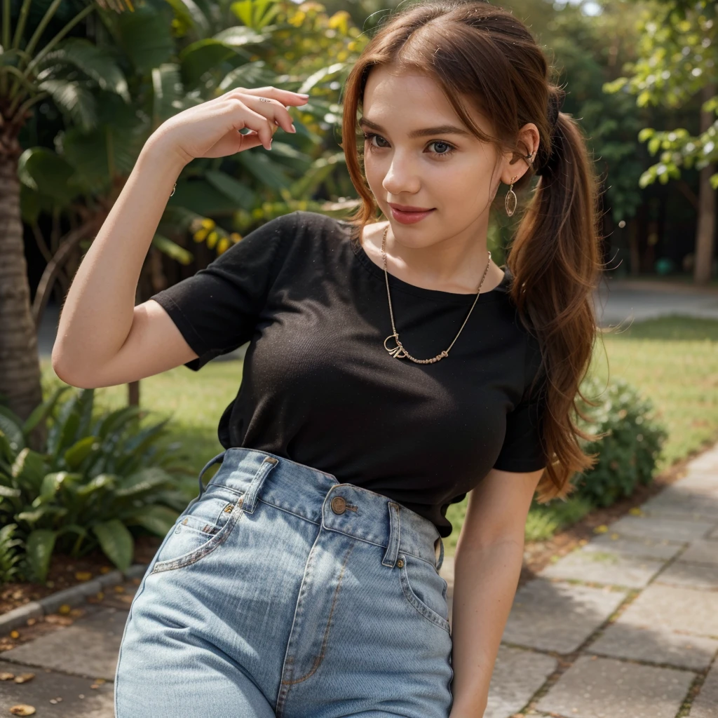 only 1 ginger young girl (best quality, 4k, 8k, highres, masterpiece:1.2), ultra-detailed, (realistic, photorealistic, photo-realistic:1.37), portrait, wearing casual age outfit, small chain on neck, black hair, hair band in ponytail, vivid colors, soft lighting, natural park, subtle bokeh, warm color tones, rich girl, red lipstick, earing, round neck style dress, wearing jeans pant, wearing a ring in hand, (eye level view), sorriso de boca fechada, franja lateral assimétrica.