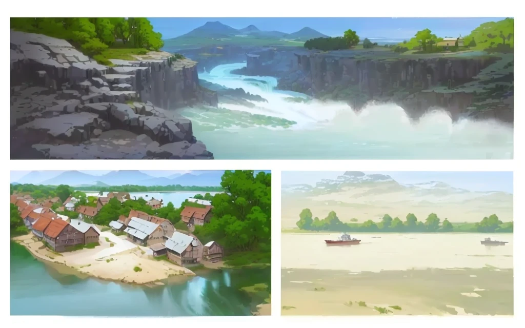 four different pictures of a river with a boat and a house, scenery artwork, scenery art detailed, various backgrounds, scenery game concept art, digital landscape art, background art, anime scenery concept art, digital painting concept art, anime scenery, gouache matte painting, environment design illustration, landscape illustration, environment concept art, environment painting, water painting, anime landscape