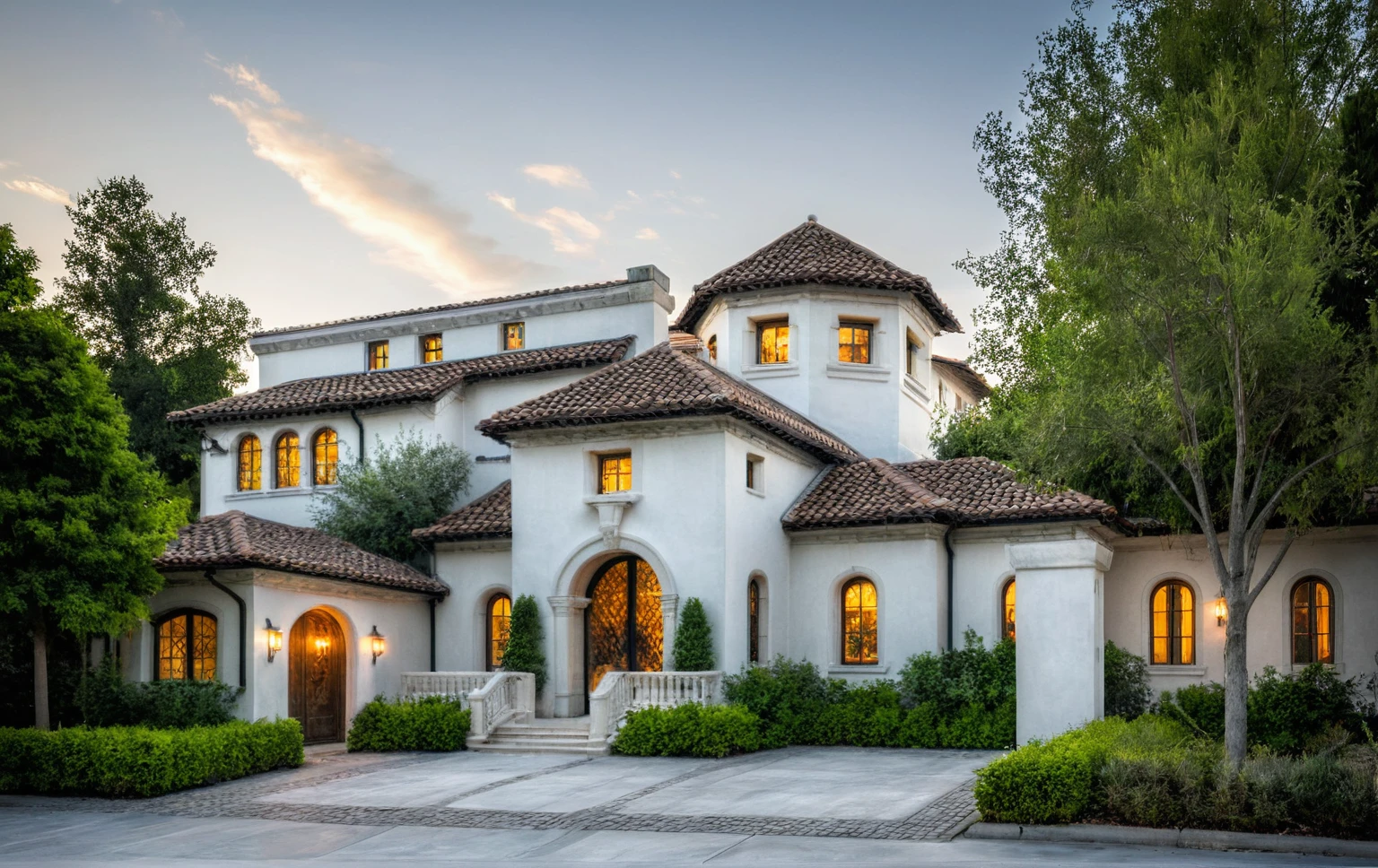(RAW photo, masterpiece, best quality,ultra-detailed, extremely delicate and beautiful, highresolution, best shadow:1.15), A Mediterranean Italian style home with white stucco walls, black accents and windows, large front yard, modern light grey concrete floors, professional photography in the style of an Italian classic home.