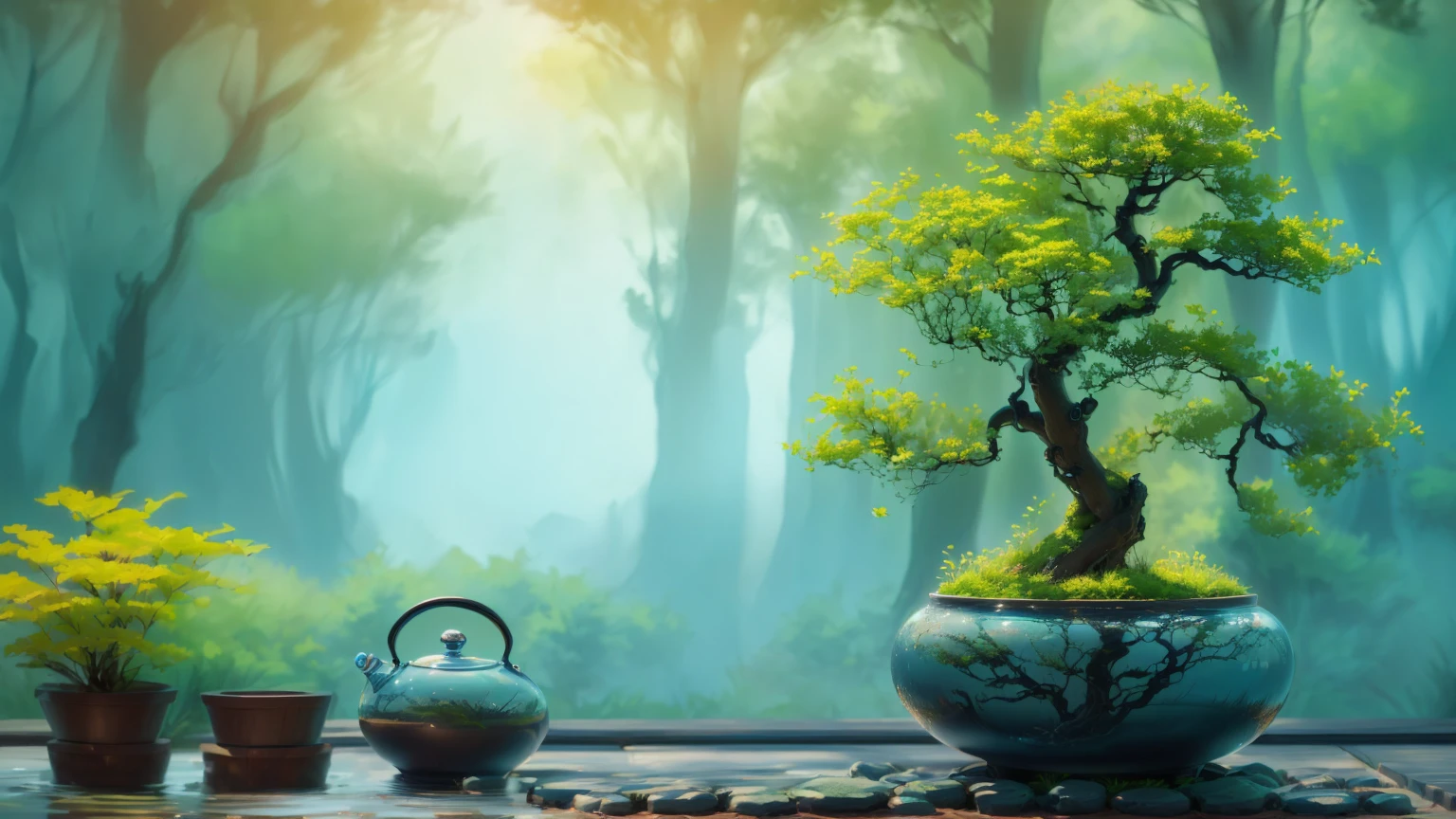 there is a Potted plants tree in a pot on a table, Zen Nature Background, lush plants and Potted plants trees, Potted plants tree, blue Potted plants, Beautiful Wallpapers, Awesome Wallpapers, High-resolution wallpapers, Potted plants trees, Nature Wallpaper, Beautiful background, Potted plants, made of Potted plants, Portrait Wallpaper, Zen temple background, Zen atmosphere, High Quality Wallpapers, high quality desktop wallpaper、Wet with water