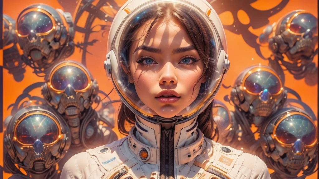 arafed image of a white woman in a futuristic suit with a spaceship in the background, movie art, in front of an orange background, inspired by Robert McGinnis, female protagonist, megastructure in the background, portrait of an ai astronaut, astronauts, an astronaut, portrait of a astronaut skeletor, perfect android girl, Highly Detailed Face and Skin Texture, Detailed Eyes, Double eyelids, perfectly detailed teeth, frank franzzeta and sakimichan