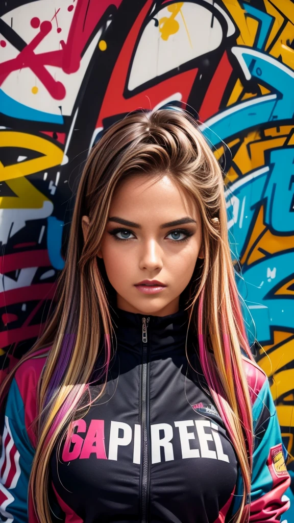 (best quality), masterpiece, extremely detailed CG uniform 8K illustration, high color, extremely high color saturation, all colors deepened, paint, graffiti art, center composition, extremely detailed light and shadow, graffiti wall, wall painted bright, 1 girl graffiti 1 girl looking at the wall, extremely detailed face and eyes, medium length hair, sportswear, colored clouds