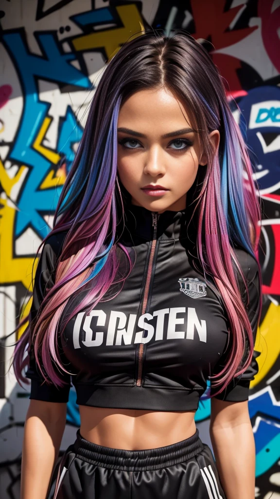 (best quality), masterpiece, extremely detailed CG uniform 8K illustration, high color, extremely high color saturation, all colors deepened, paint, graffiti art, center composition, extremely detailed light and shadow, graffiti wall, wall painted bright, 1 girl graffiti 1 girl looking at the wall, extremely detailed face and eyes, medium length hair, sportswear, colored clouds