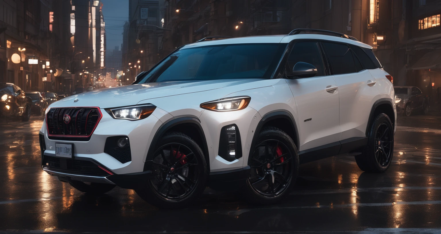 Overhead angle,Car side,Wide Angle,White SUV, Aesthetic, Extremely detailed, Overhead angle,Car side,Wide Angle,a car, Rapid acceleration on the highway, dusk,Beautiful fantasy photos,Complex details,Amazing, Produced by WETA FX and Industrial Light & Magic, Sophisticated RTX-enhanced CGI rendering