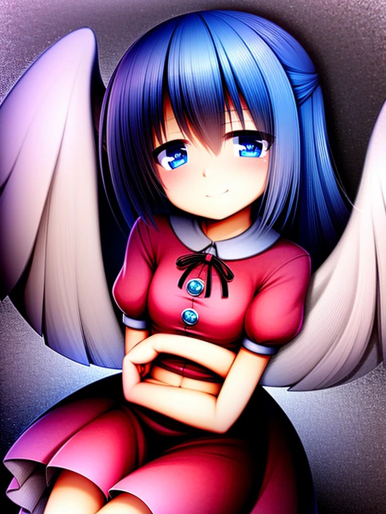 (best quality,4k,8k,highres,masterpiece:1.2), ultra-detailed, highly detailed texture, intricate details, A cute teenage angel with blue eyes, drawn in anime style, 1girl, , , 10 years old, medium blue hair, hair flaps, pink ribbon on head, well-formed face, blue eyes, angel girl, white blouse, puffy short sleeves, red ribbon, angel wings, long white skirt, red shoes, frills, ribbon head, A pair of angel wings on the back
