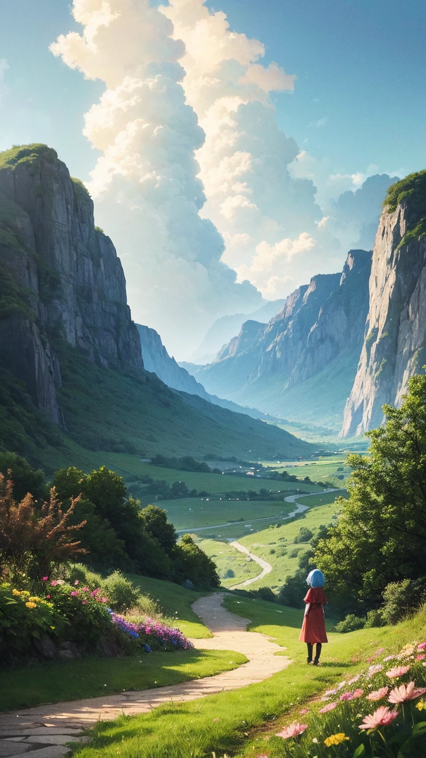 High quality, high quality, 4K, Ghibli style.

One woman, sharp contours, short light blue hair, red jumper, blue pants, leather boots.

In the background is the path they must take. The path is surrounded by difficult mountains and walls, but in the distance they can see a shining future. They are depicted breaking down walls as they go, a light of courage and hope shining down on them.

In the night sky, stars of hope shine brightly, illuminating the path. Surrounding them are flowers in bloom, symbols of hope, swaying in the wind.