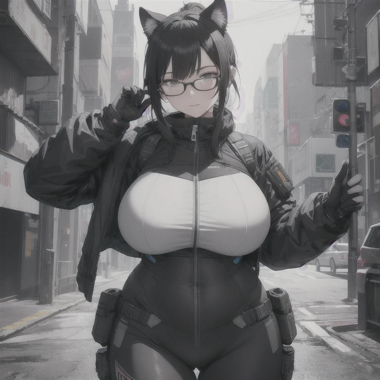 Absurd resolution,high resolution,(masterpiece: 1.4),hyper-detail,fullbody shot,head to toe,full frontal camera perspective,solo,shorter,standing,glasses,kemono feline cat futanari, puffy inverted nipple silhouette,no skin other than neck and head shown,watertight environmental suit,black hair,messy ponytail,cute face,detailed soft grey luminous eyes,huge massive hyper super swollen heavy milky breasts,breasts so big that cover her whole torso and are bigger than her head while being so big they reach her bellybutton,extremely super large swollen perky heavy bust,super huge enormously gigantic tits,gigantic breasts stretching/straining out of her outfit looking like they are about to burst out,breasts compressed squishing barely contained in outfit,inflated breasts,breast_expansion,super gigantic swollen heavy tits,wide full hips,narrower torso and shoulders,smaller torso,narrower waist,full thicc big soft thighs,thicc big full thighs,big rounded full soft butt,thicc butt,ruggedized utility styled outfit,fully insulated suit,full body outfit coverage with no skin showing or revealed,airtight/watertight zippers and seals,scifi monochrome black and grey fullbody covering protective padding rugged loose-fitted pilot utility suit with strategically placed protective padding,white watertight zipper utility cropped top for breasts support with a black strap horizontal across cleavage worn on top of suit,tactical strategic angular-patterned protective padding on hips and thighs and abdomen,practical/functional clothing,weather-proof durable clothing material,nylon clothing material,custom made clothing to fit and support large breasts,scifi padded rugged rigid high collar cropped cutout fitted techwear jacket,armored high collar,white and black triangular decals and techwear iconography on apparel and clothing,techwear gloves,ruggedized tech,ruggedized tech aesthetic,fitted utility pants,utility chaps,near future scifi,cyberpunk aesthetic,anime aesthetic,tactical aesthetic