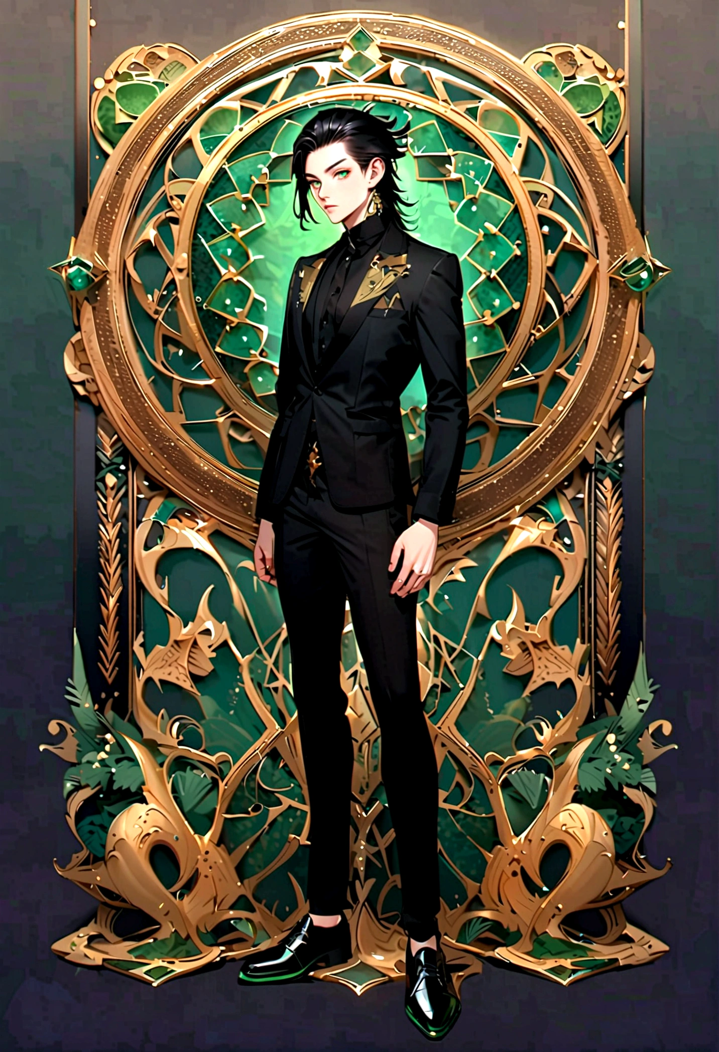 son of loki, green eyes, short black shaved mullet style haircut. wearing formal black shirt with green details, black pants, black shoes, full body image. bottomless. 