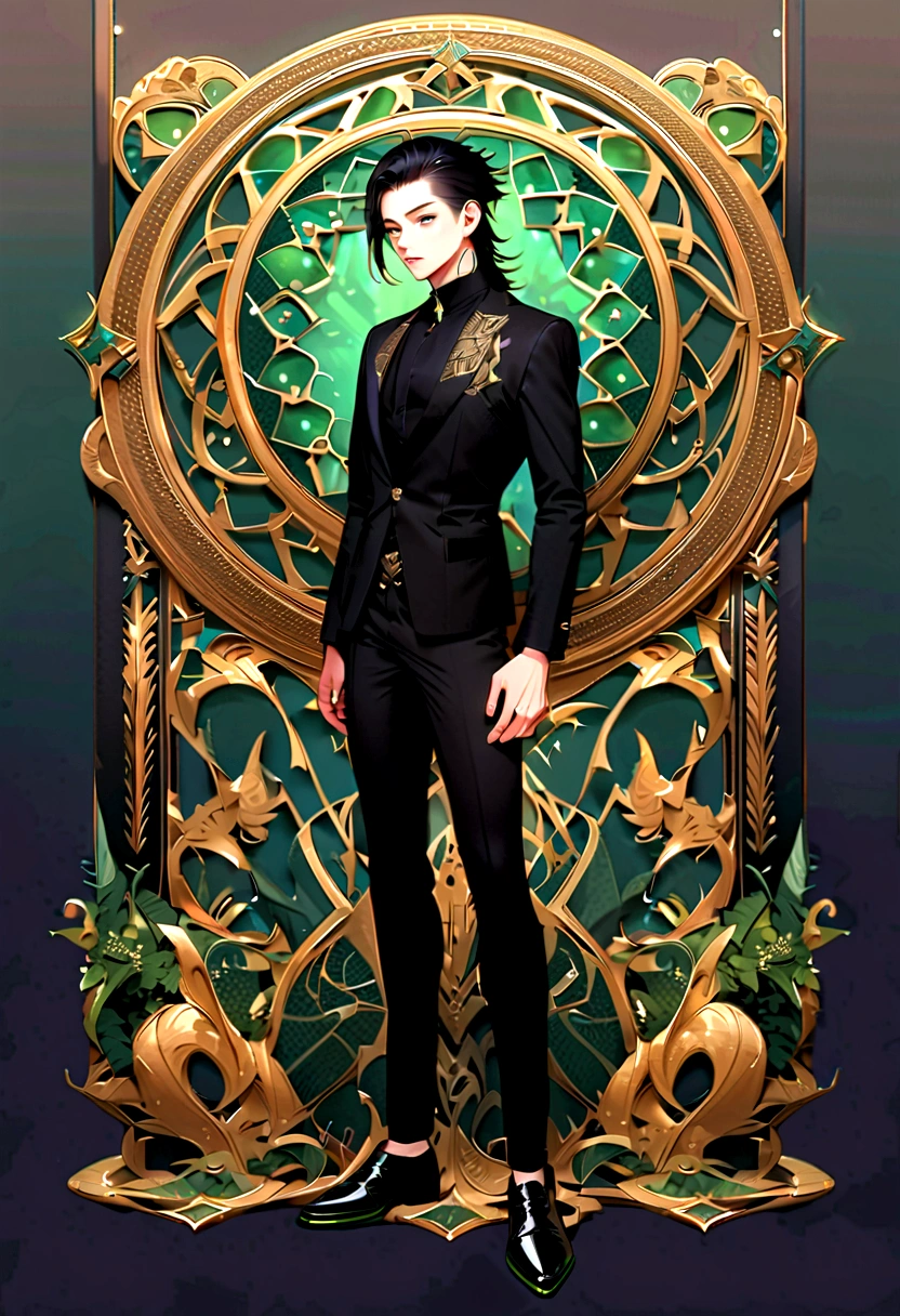 son of loki, green eyes, short black shaved mullet style haircut. wearing formal black shirt with green details, black pants, black shoes, full body image. bottomless. 