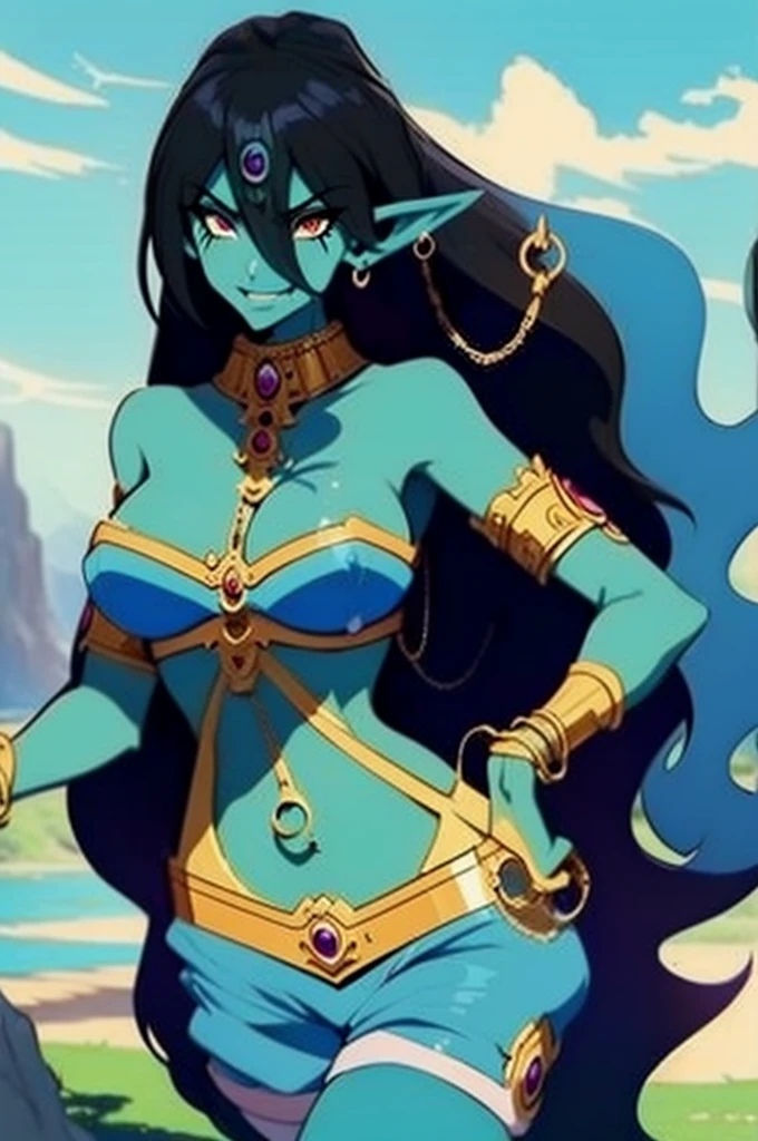 (Masterpiece, best quality, official art, 8K), ultra-detailed, a cartoon image of a golden-skinned female Djinn with blue hair and a chain around her neck, Human Hybrid Djinn, ((((sky blue skin)))), skin genie girl sky blue, alone, Krenz Cushart and Artgerm, aesthetics!!!!!! female genius, she is huge, beautiful girl genius, artgerm comics, colorful artgerm!!!, artgerm style, in the artgerm style, artgerm style, Asian Water Elemental Woman, Goddess Inanna, The Greek goddess Afrotita, aesthetic!!!!!! (1 Female Genie Djinn), (Big Breasts), Beautiful Genie, Evil Goddess, Djinn Character, Detailed Body, Cuffs with Hanging Chains, Colorful Concept Art, Spiritual Fantasy Concept Art, female genie, blue hair, Sky blue skin, Djinn girl, (Sky Blue Skinned Elf-Djinn).