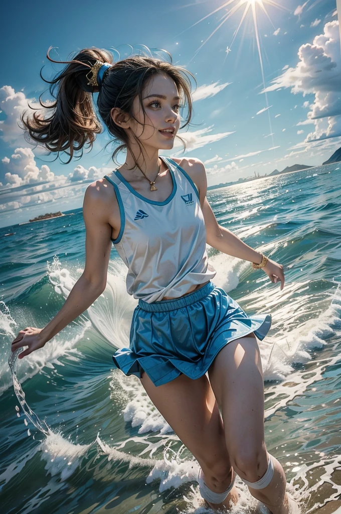 (((best quality))), (((ultra detailed))), (((masterpiece))), illustration, ((a beautiful girl,volleyball player,solo)),((slim,thin)),((small breasts,flat chest)),(short ponytail:1.2),beach, sea, sand, volleyball, girl's attire, sun, waves, shore, foam, summer, afternoon, gold sand, vibrant attire, athletic build, sleeveless, short skirt, sports tank top, toned legs, nimble fingers, precise movements, agile arms, teammates, synchronized gameplay, exciting spectacle, onlookers, sand, clear sky, azure, powder blue, white waves, crashing waves, laughter, beachgoers, symphony, essence, summer, seaside, determination, skill, quick reflexes, strategic thinking, victory, infectious energy, unwavering spirit, , joy, youthful exuberance, timeless reminder, magic of summer,((from front,upperbody))
