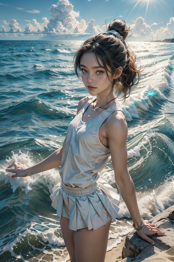 (((best quality))), (((ultra detailed))), (((masterpiece))), illustration, ((a beautiful girl,volleyball player,solo)),((slim,thin)),((small breasts,flat chest)),(short ponytail:1.2),beach, sea, sand, volleyball, girl's attire, sun, waves, shore, foam, summer, afternoon, gold sand, vibrant attire, athletic build, sleeveless, short skirt, sports tank top, toned legs, nimble fingers, precise movements, agile arms, teammates, synchronized gameplay, exciting spectacle, onlookers, sand, clear sky, azure, powder blue, white waves, crashing waves, laughter, beachgoers, symphony, essence, summer, seaside, determination, skill, quick reflexes, strategic thinking, victory, infectious energy, unwavering spirit, , joy, youthful exuberance, timeless reminder, magic of summer,((from front,upperbody))