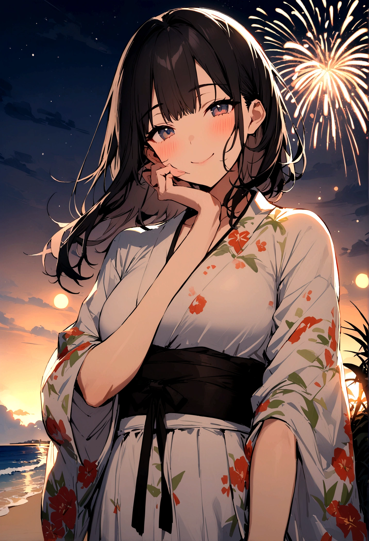 masterpiece, best quality, Summer Kimono, Flowering, firework, firefly,reed bush, Smile, Night Sky, Black hair,(one person),Beach