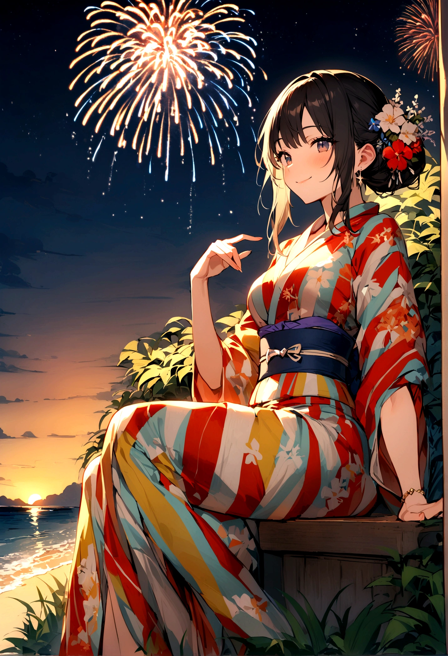 masterpiece, best quality, Summer Kimono, Flowering, firework, firefly,reed bush, Smile, Night Sky, Black hair,(one person),Beach