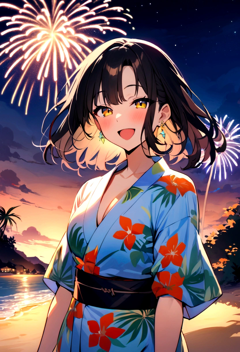 masterpiece, best quality, Summer Kimono, Flowering, firework, firefly,reed bush, Smile, Night Sky, Black hair,(one person),Beach,