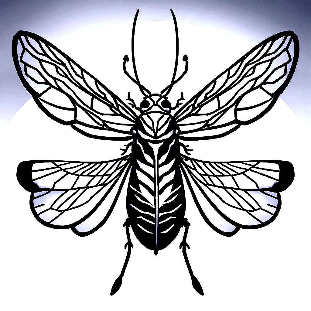 Black and white line drawing of a cicada. The insect is depicted with its wings spread wide, showcasing intricate details of the wing veins and body segments. The cicada's head, thorax, and abdomen are clearly defined, with the head featuring prominent eyes and antennae. The wings are symmetrical and extend outward from the body, with the forewings being larger than the hindwings. The overall style is minimalist and precise, focusing on the anatomical accuracy of the cicada.