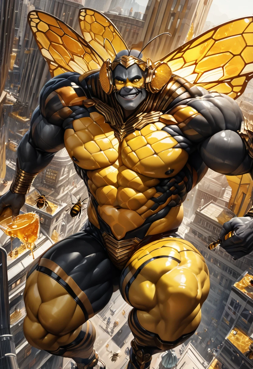 ((absurdres)) perfect whole body, ultra photorealistic, top quality, Photorealistic, ((16k UHD)) High Definition, high-res, ultra sharp, masterpiece, the best quality, intricate details, detailed eyes, perfect face detailed face, (((in a capital city town))) orange goggles, masterpiece, highly detailed exquisite character art, perfectly detailed anatomy, detailed body, detailed pecs, hyper pecs, thick thighs, (((sunny weather))) (((natural lights))), ultra-realistic, (((1male))) ((tall muscular man male humanoid)), bald, humanoid yellow skin, bee anatomy, deity, god of honey bees, humanoid black & yellow skin tone, yellow hue, powerful humanoid appearance, compound eyes, stinger, abdomen, metallic scales, scales. Metallic armour, wings, elf ears, glossy skin, large smirking face, flying in the sky, mandibles, Antenna, honey, ((male muscular stripe black & yellow humanoid insect honey bee)) (((yellow skin))), (((black skin))) oily skin,